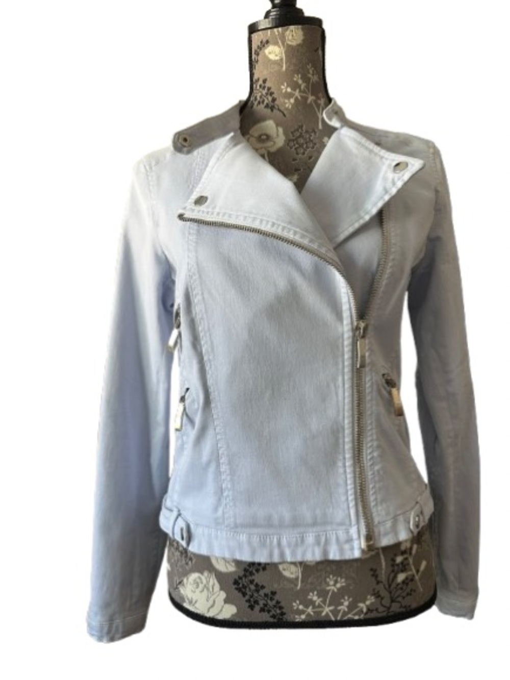 Zara Women' L Denim Light Blue Asymmetric Cropped Moto Zip-up Cotton Jean Jacket